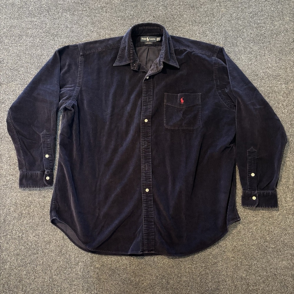 Vintage Ralph Lauren Blaire Shirt Mens XL Navy Blue Corduroy Button Down Pony